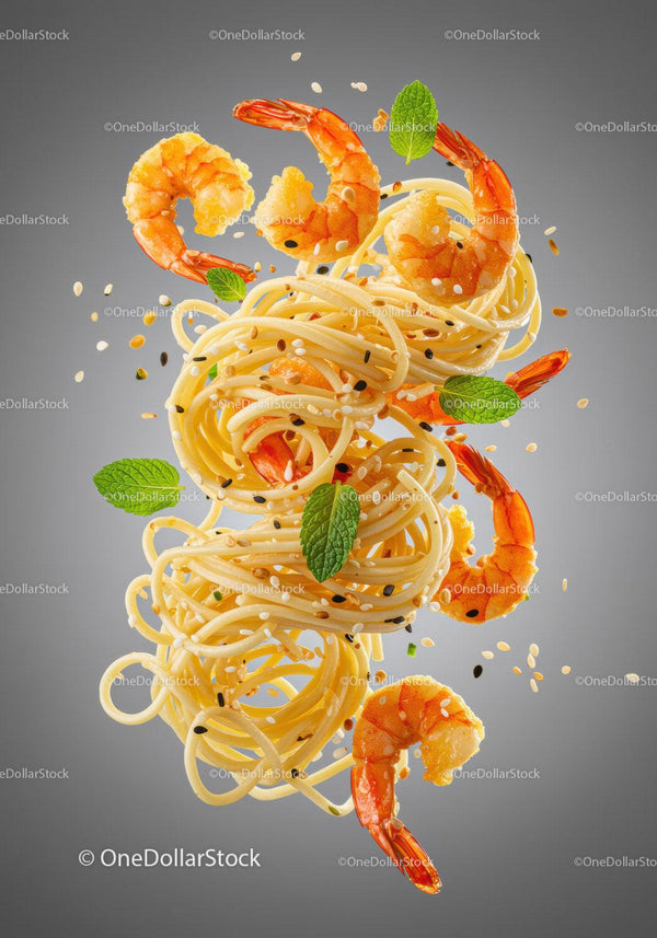 Fresh shrimp pasta with sesame seeds and mint leaves