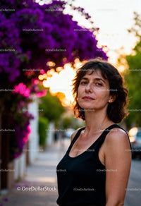 Woman with short hair standing near vibrant bougainvillea