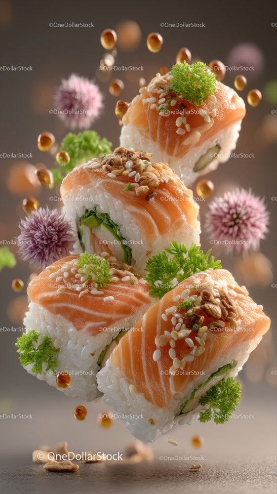 Fresh Salmon Sushi Rolls with Green Herbs and Sesame Seeds