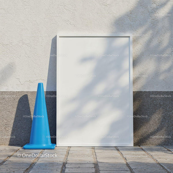 Blue Traffic Cone Next to Blank White Poster Frame JPG Mockup Image