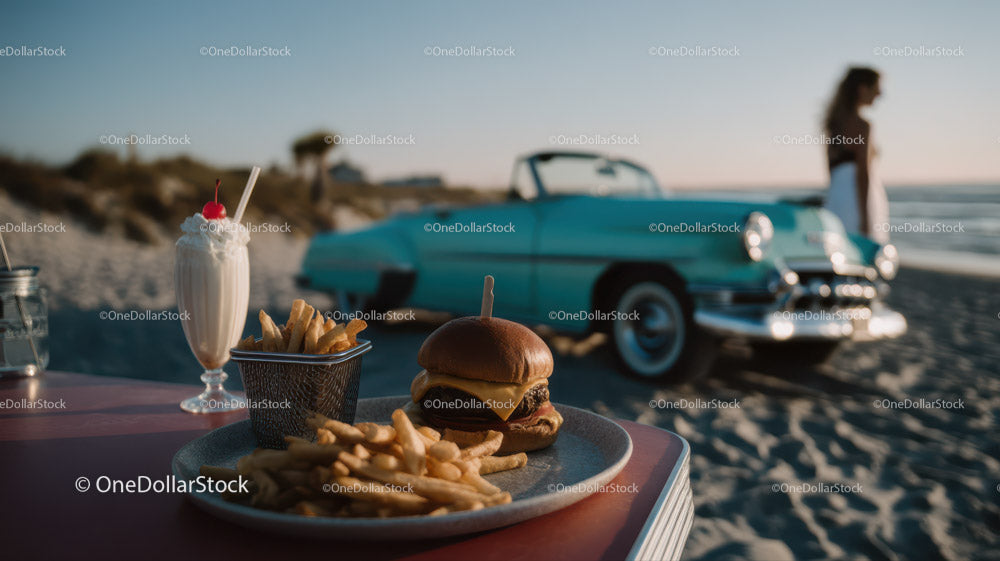 Vintage Car and Beachside Meal Scene with Burger and Milkshake