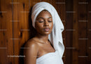 Relaxed Woman with Towel and Spa Robe near Wooden Wall in Wellness Center