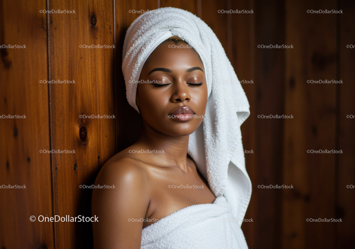 Relaxed Woman with Towel and Spa Robe near Wooden Wall in Wellness Center