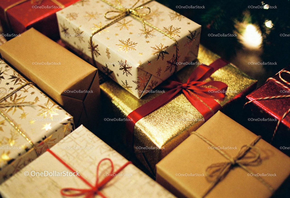Festive Wrapped Gifts with Golden and Red Accents