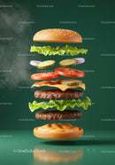Layered cheeseburger ingredients floating on green background