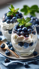 Berry Cheesecake in Glass Cup with Fresh Mint and Blueberries