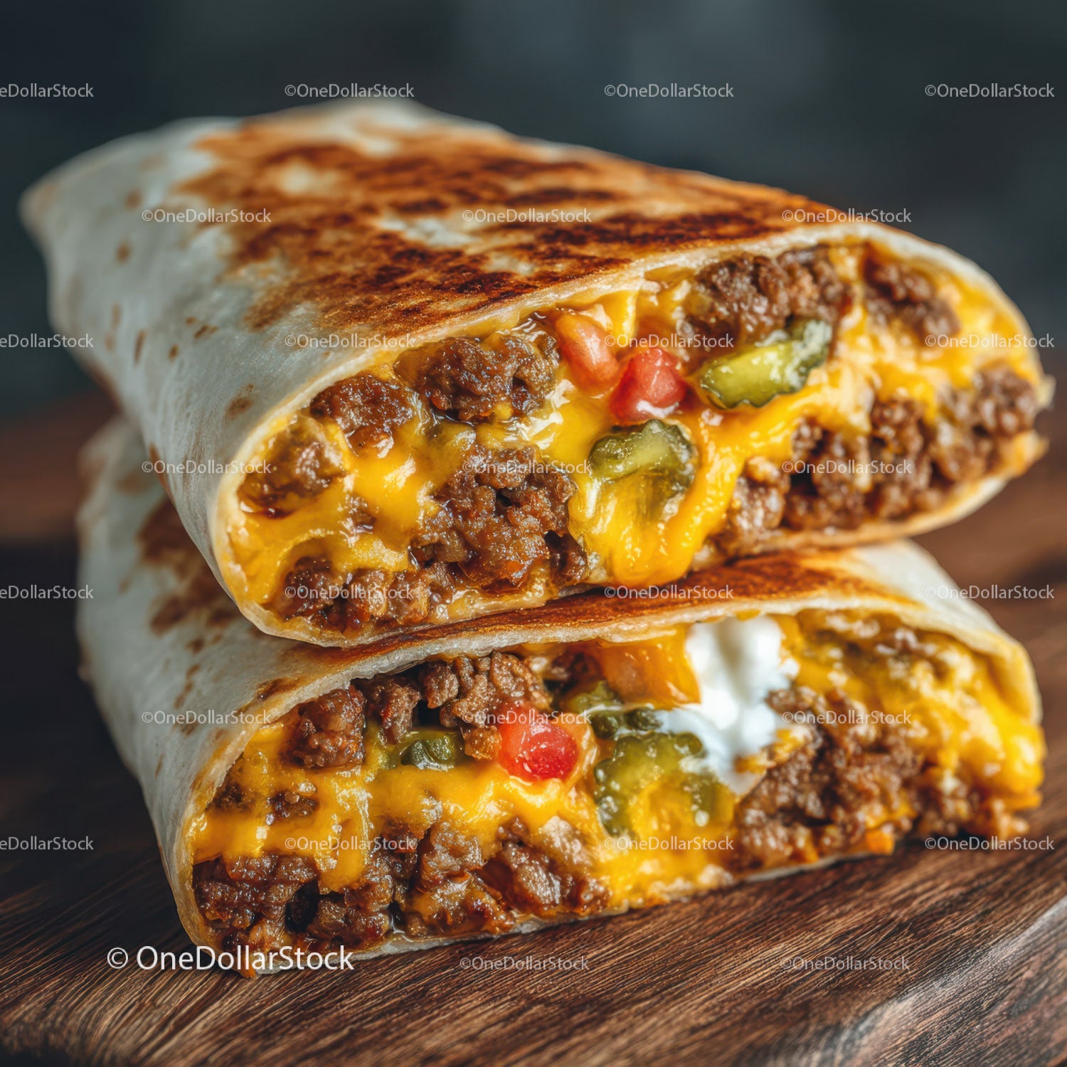 Cheesy Beef Burrito with Vegetables and Melted Cheese