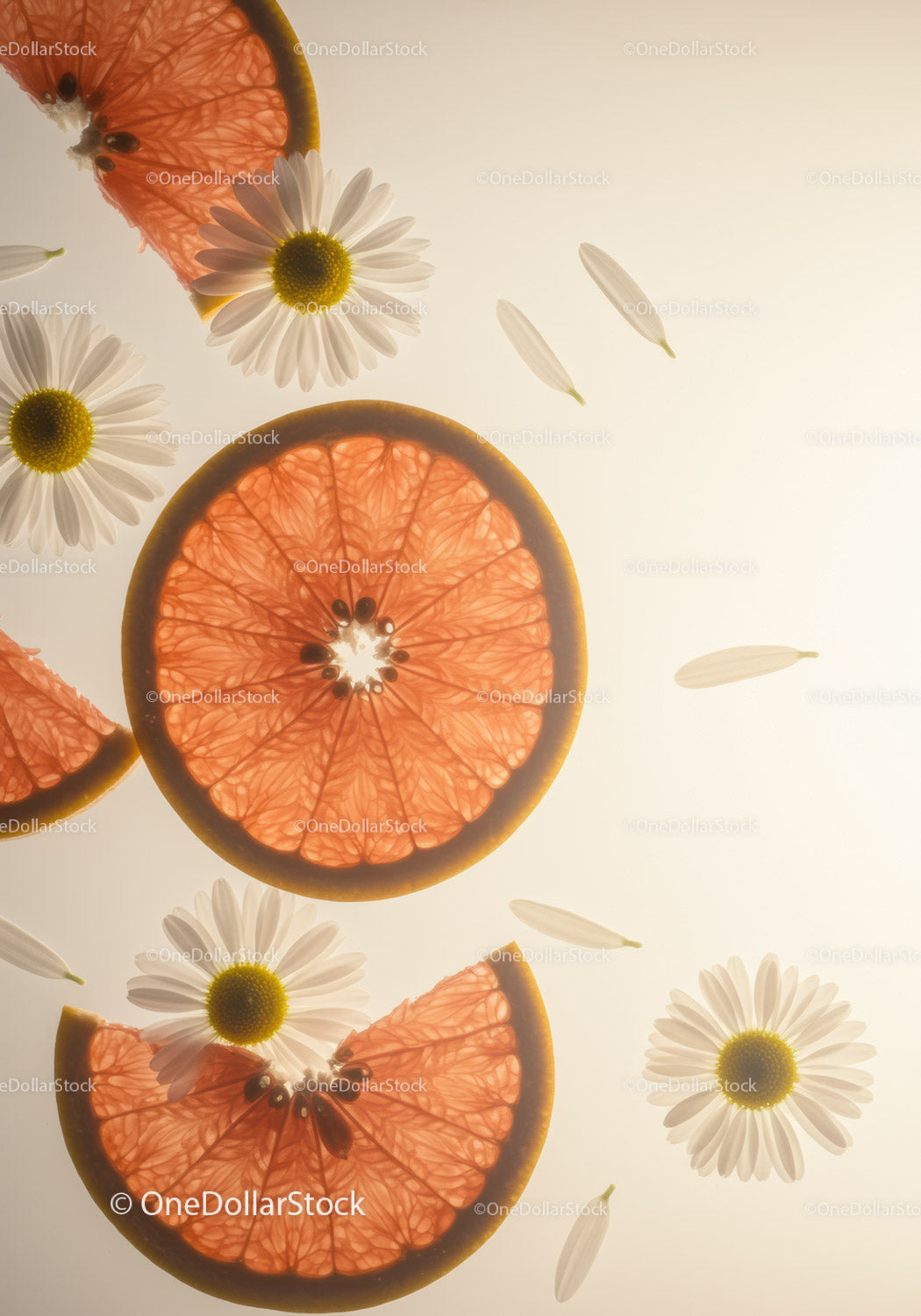 Fresh grapefruit slices with white daisy flowers composition