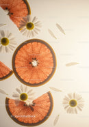 Fresh grapefruit slices with white daisy flowers composition