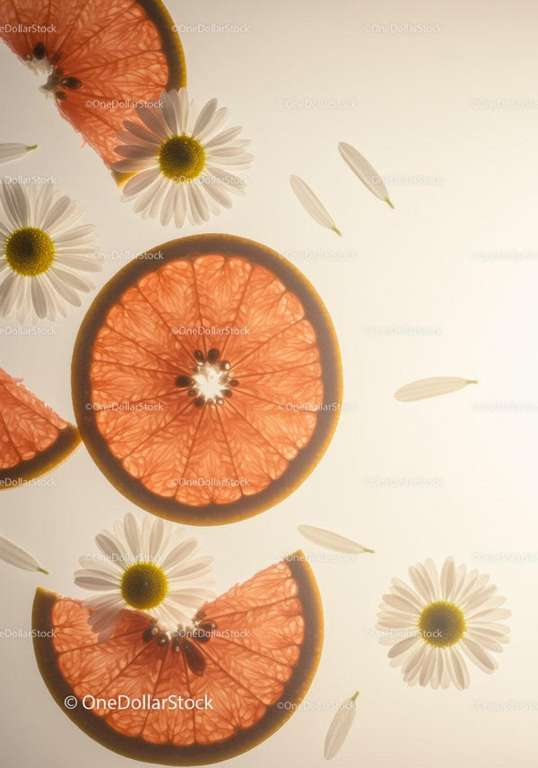 Fresh grapefruit slices with white daisy flowers composition