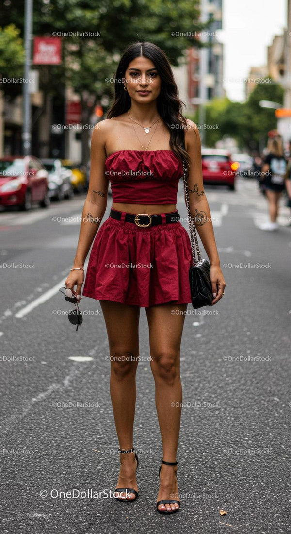 Stylish Young Woman in Red Dress and High Heels on City Street