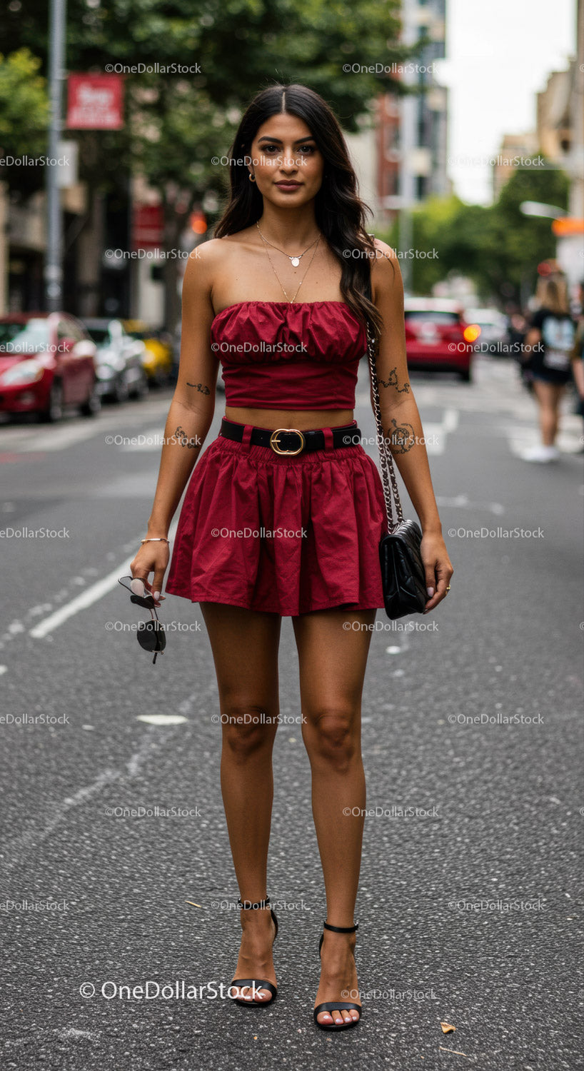 Stylish Young Woman in Red Dress and High Heels on City Street