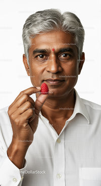 Elderly Man with Gray Hair Holding Raspberry in a Healthy Lifestyle Setting