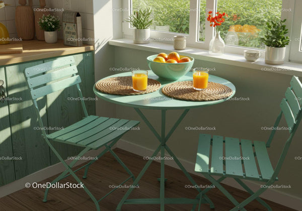 Cozy breakfast nook with fresh orange juice and fruit bowl