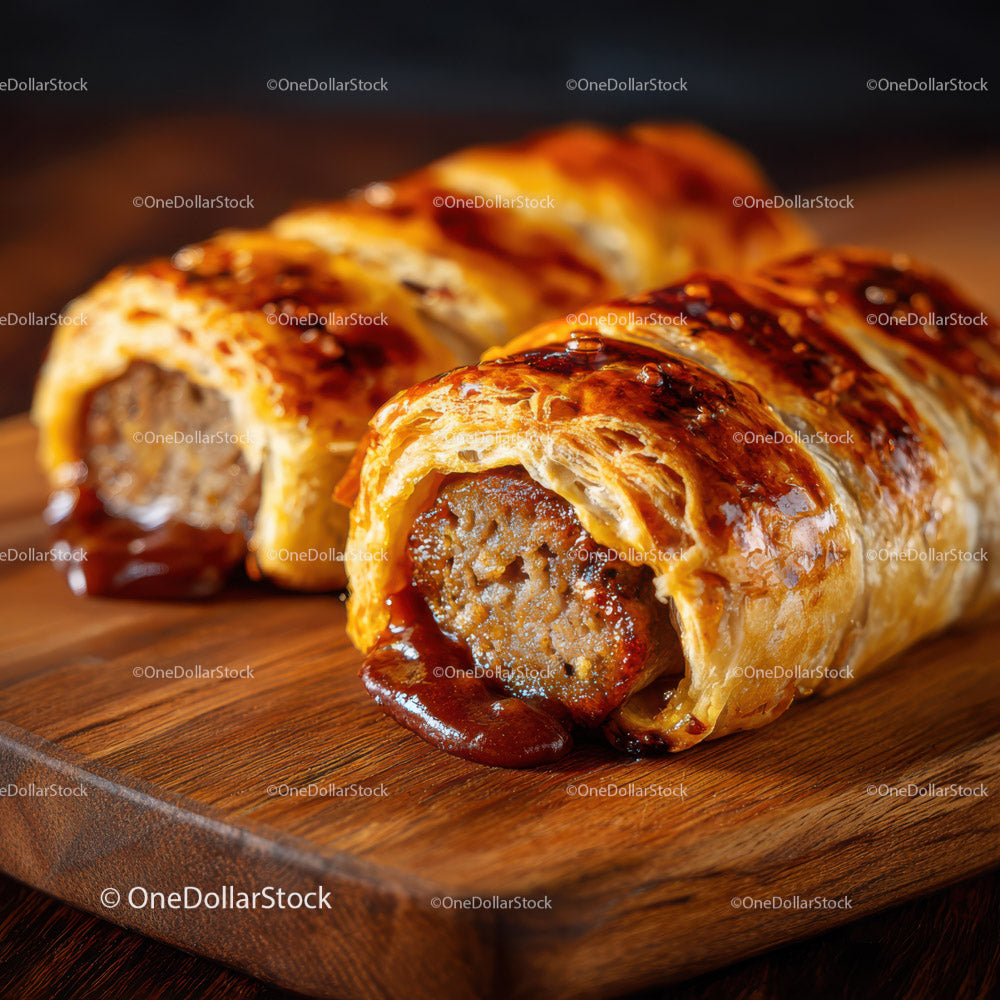 Savory Sausage In Puff Pastry On Wooden Board