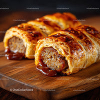 Savory Sausage In Puff Pastry On Wooden Board