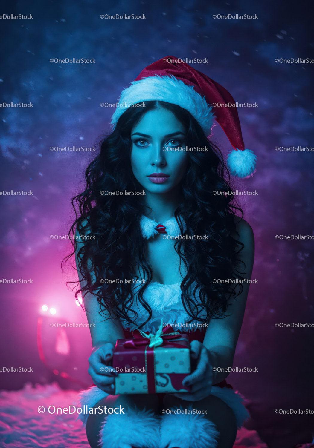 Young woman in Santa hat offering Christmas gift