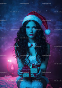 Young woman in Santa hat offering Christmas gift