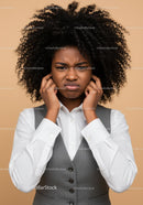 Frustrated Woman Covering Ears with Annoyed Expression