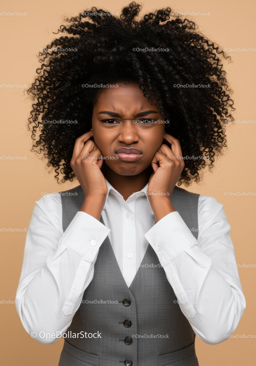 Frustrated Woman Covering Ears with Annoyed Expression