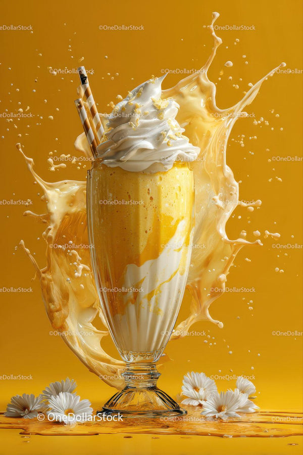Creamy Vanilla Milkshake Splash in Tall Glass with Straw