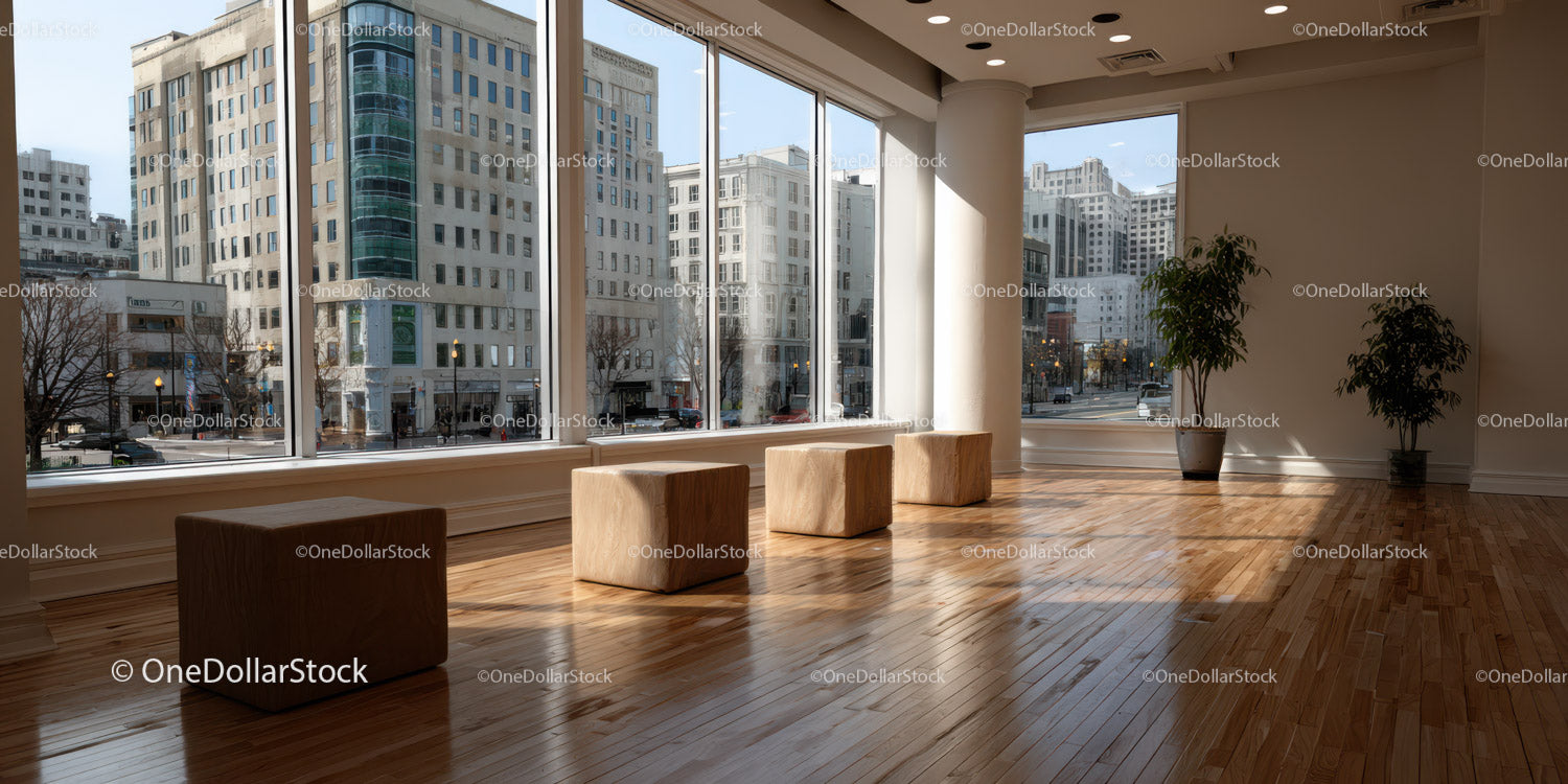 Contemporary Office Space with Large Windows and Urban City View