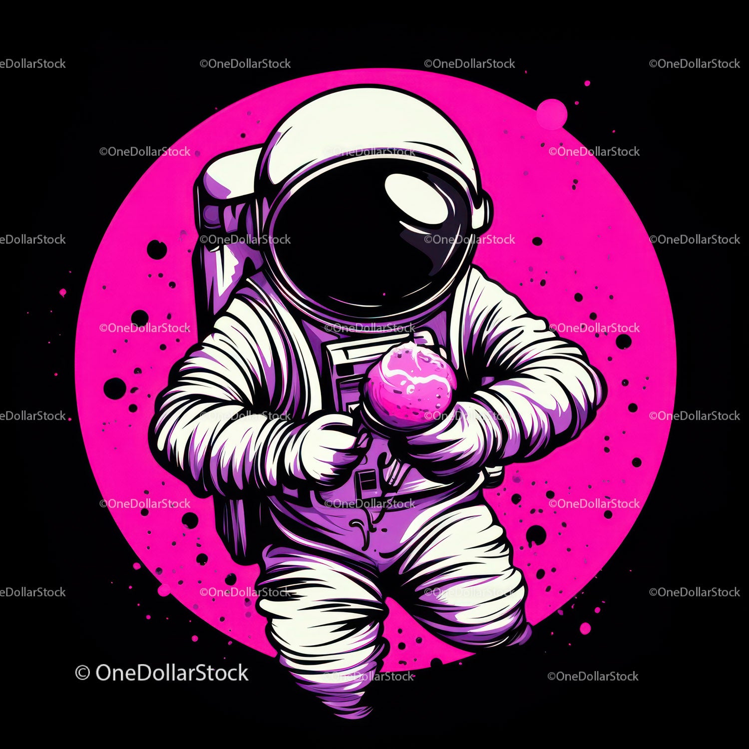 Colorful Astronaut Holding Ice Cream in Space with Galaxy Reflection