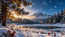Winter Sunrise Over Frosty Lake and Mountain Landscape