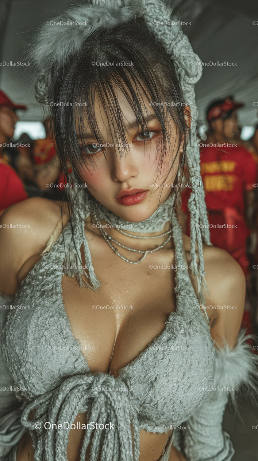 Expressive Young Woman with Wet Hair and Stylish Jewelry in Urban Scene