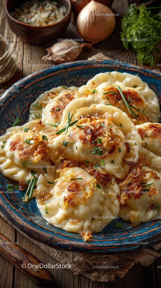 Golden Fry Potstickers with Chives on Rustic Plate