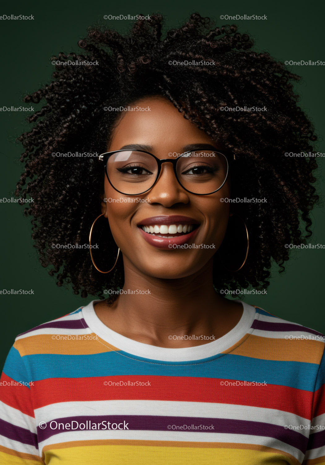 Vibrant Smiling Woman with Afro Hair in Colorful Striped Shirt