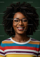 Vibrant Smiling Woman with Afro Hair in Colorful Striped Shirt