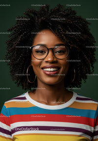 Vibrant Smiling Woman with Afro Hair in Colorful Striped Shirt