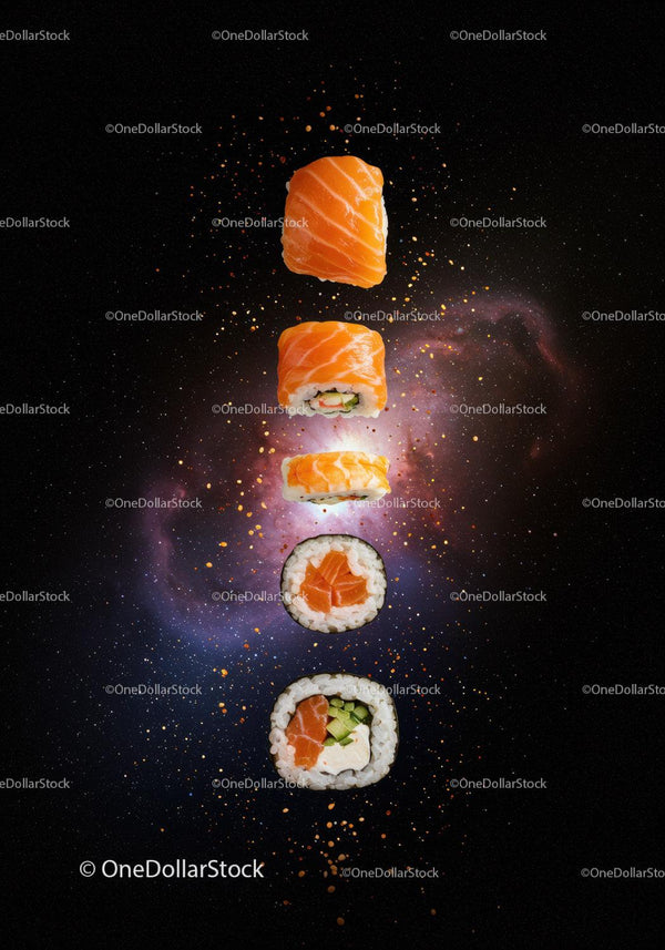 Variation of fresh sushi rolls with salmon on dark background