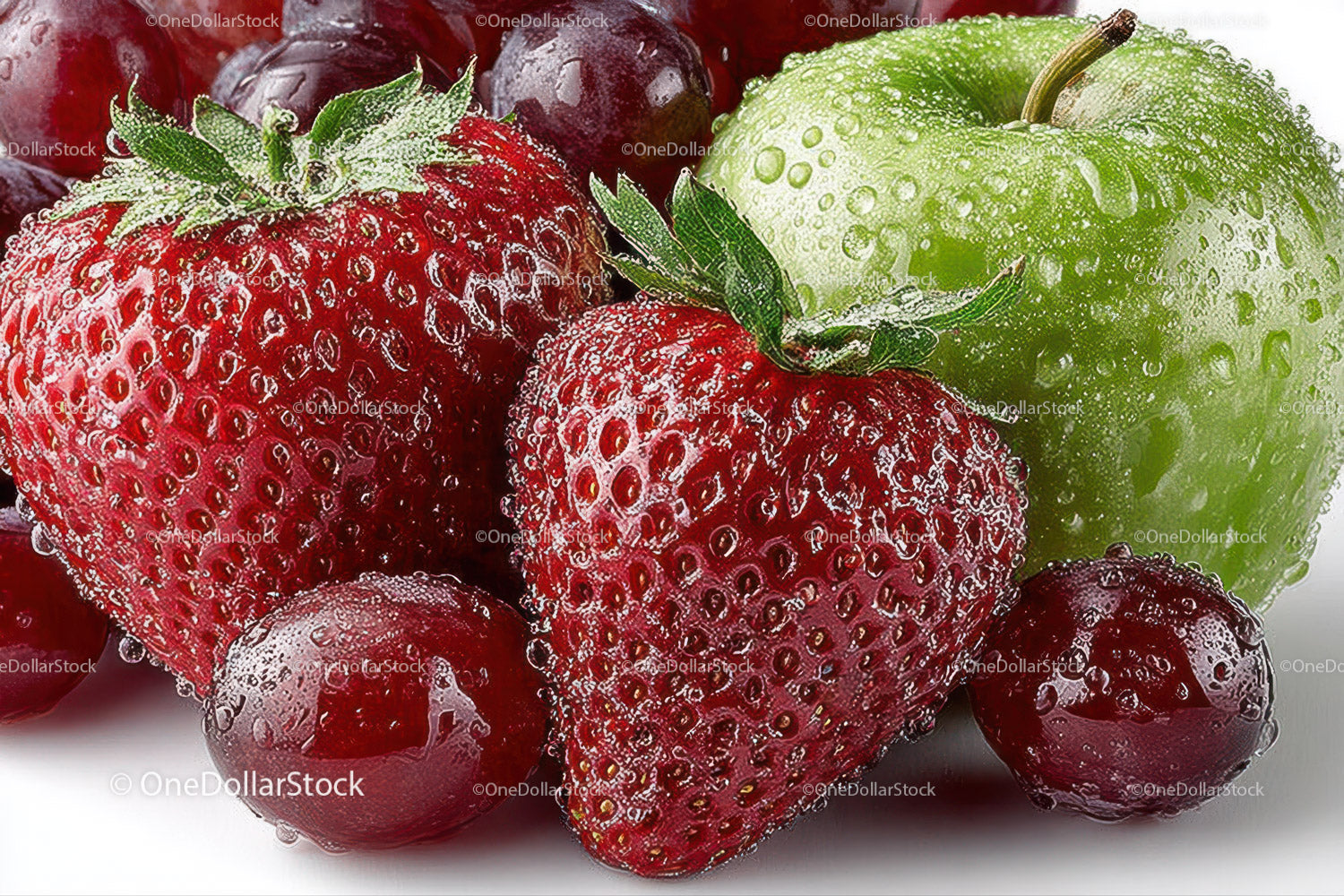 Fresh Strawberries and Green Apple with Water Droplets for Healthy Lifestyle