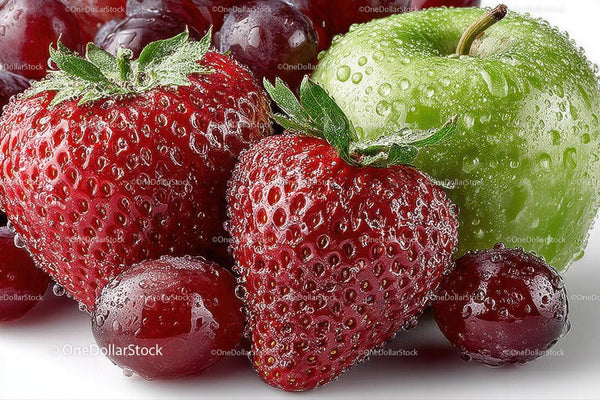 Fresh Strawberries and Green Apple with Water Droplets for Healthy Lifestyle