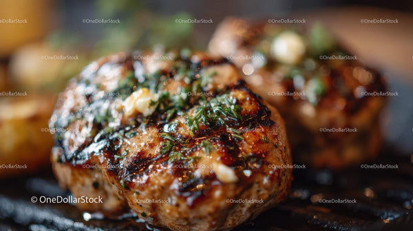 Grilled Meatball with Herbs and Garlic Butter on a Hot Grill