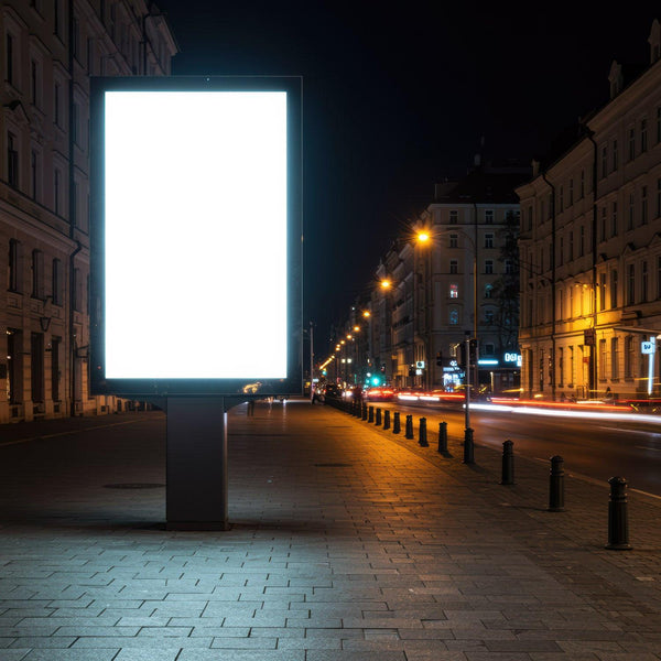 Empty illuminated billboard on urban street at night JPG Mockup Image