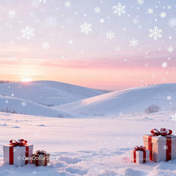 Winter Sunset with Gift Boxes in Snowy Landscape