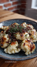 Gnocchi with crispy bacon and fresh herbs in rustic bowl