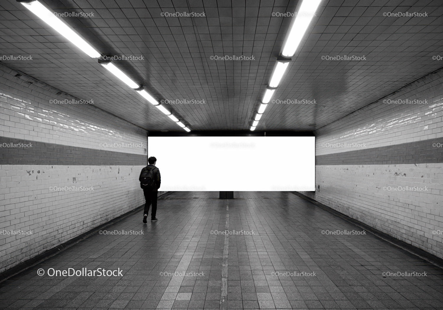 Underground Tunnel with Person Walking in Subway Station