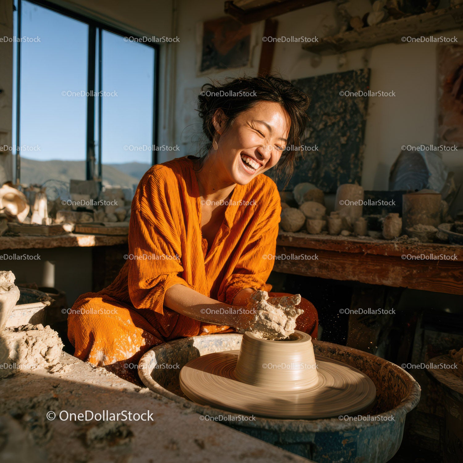 Joyful Woman Creating Handmade Pottery in Artistic Studio