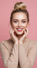 Portrait of Smiling Young Woman with Blonde Hair and Blue Eyes on Pink Background
