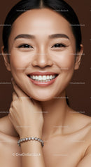 Bright smile of confident woman with silver bracelet