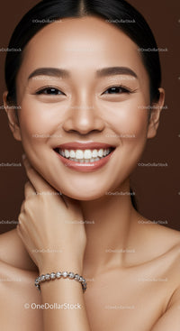 Bright smile of confident woman with silver bracelet