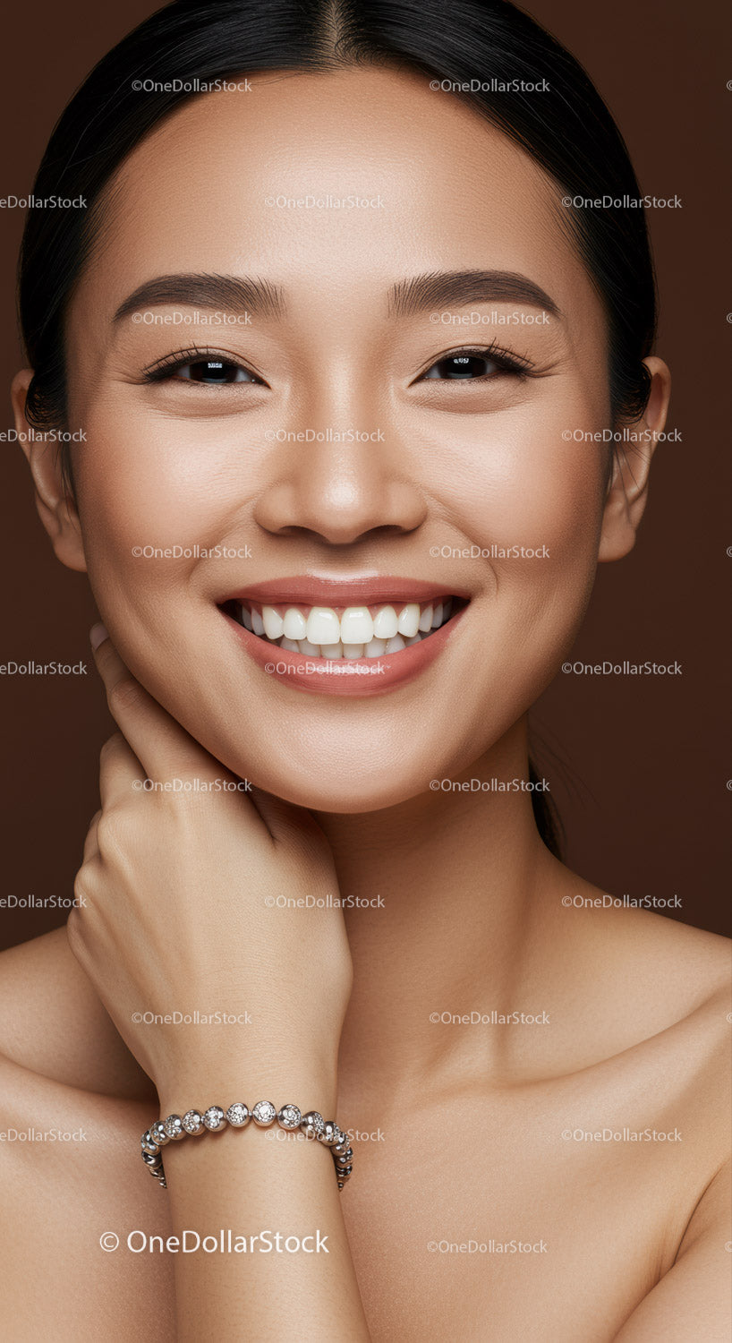 Bright smile of confident woman with silver bracelet