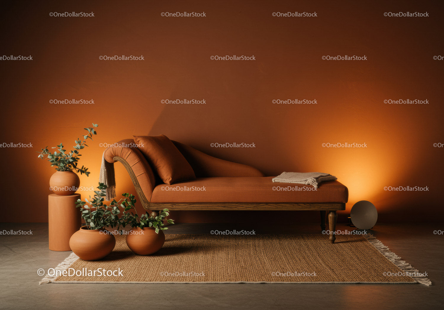 Rustic chaise lounge with green plants and warm lighting