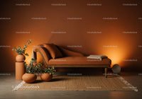 Rustic chaise lounge with green plants and warm lighting