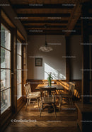 Cozy Rustic Dining Area with Sunlight and Wooden Decor