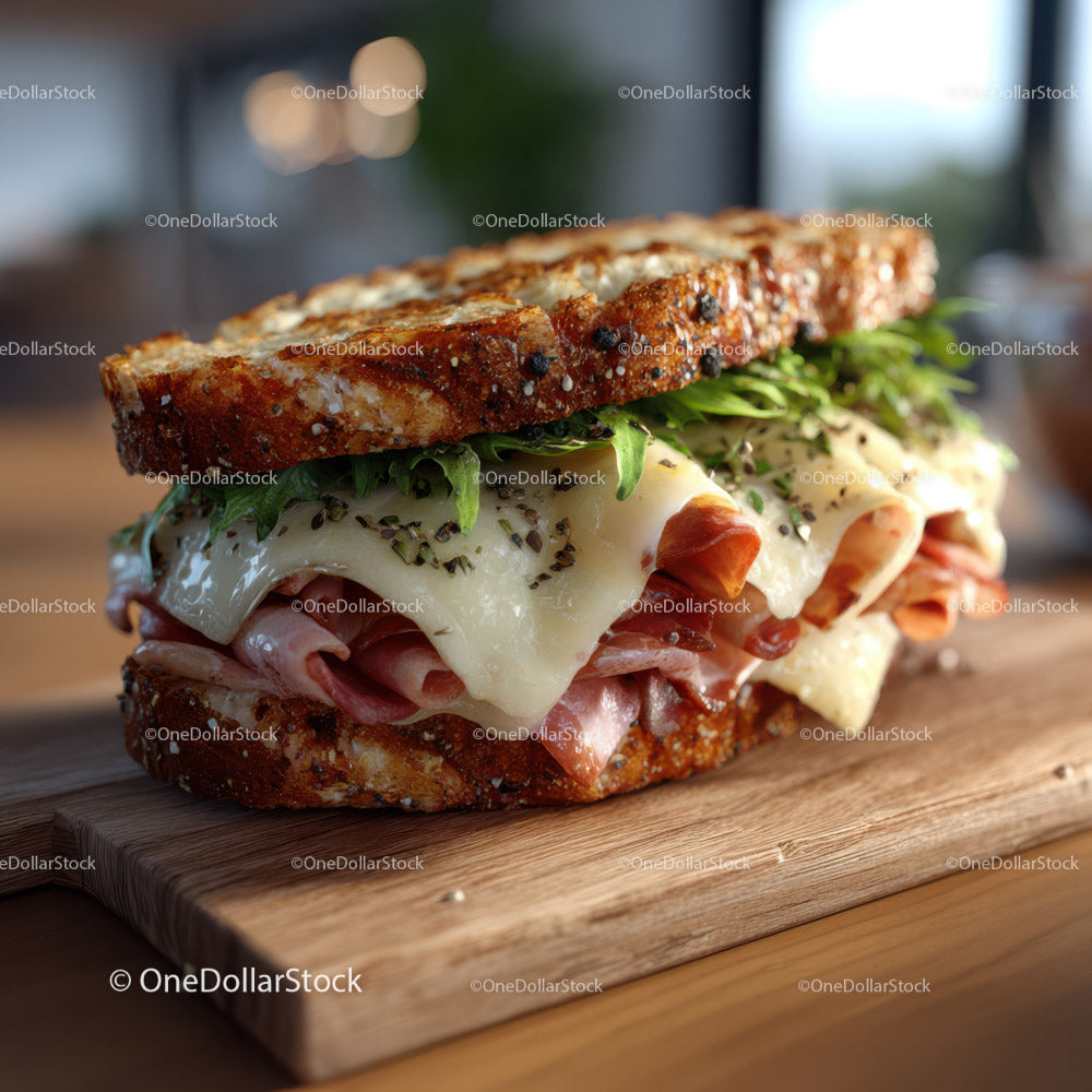 Close-Up of Gourmet Sandwich with Melting Cheese and Fresh Greens